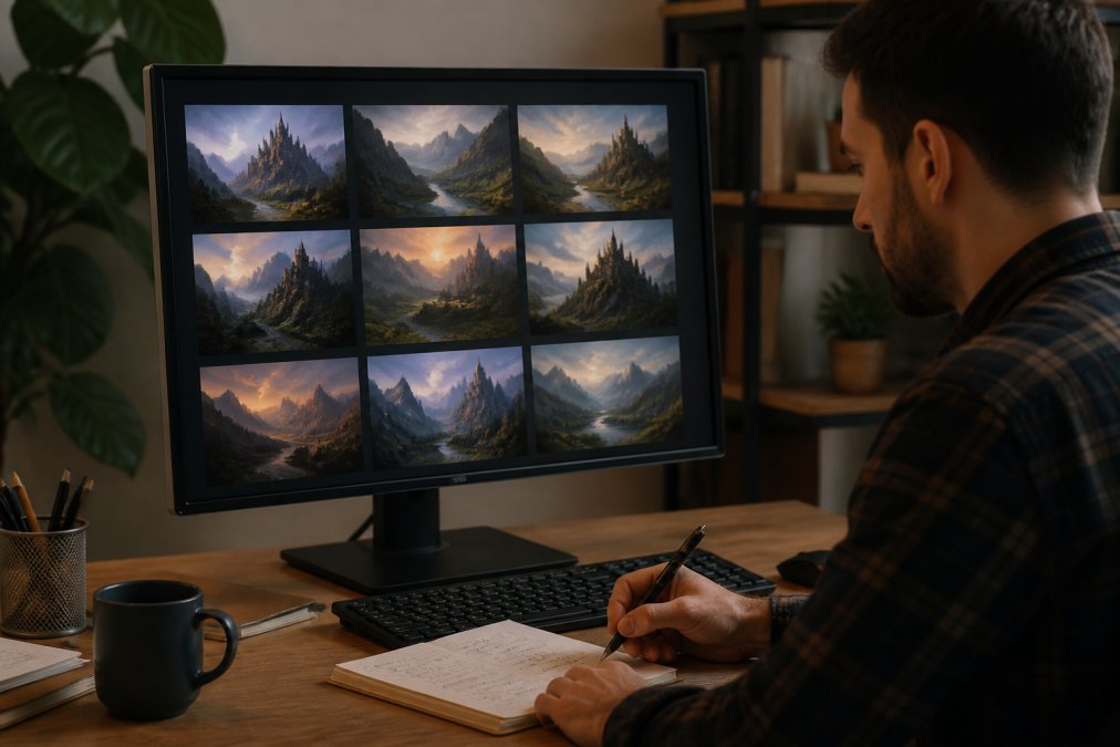 Content creator sitting at desk with multiple AI-generated image variations displayed on monitor, comparing different prompt refinements and making handwritten notes on paper