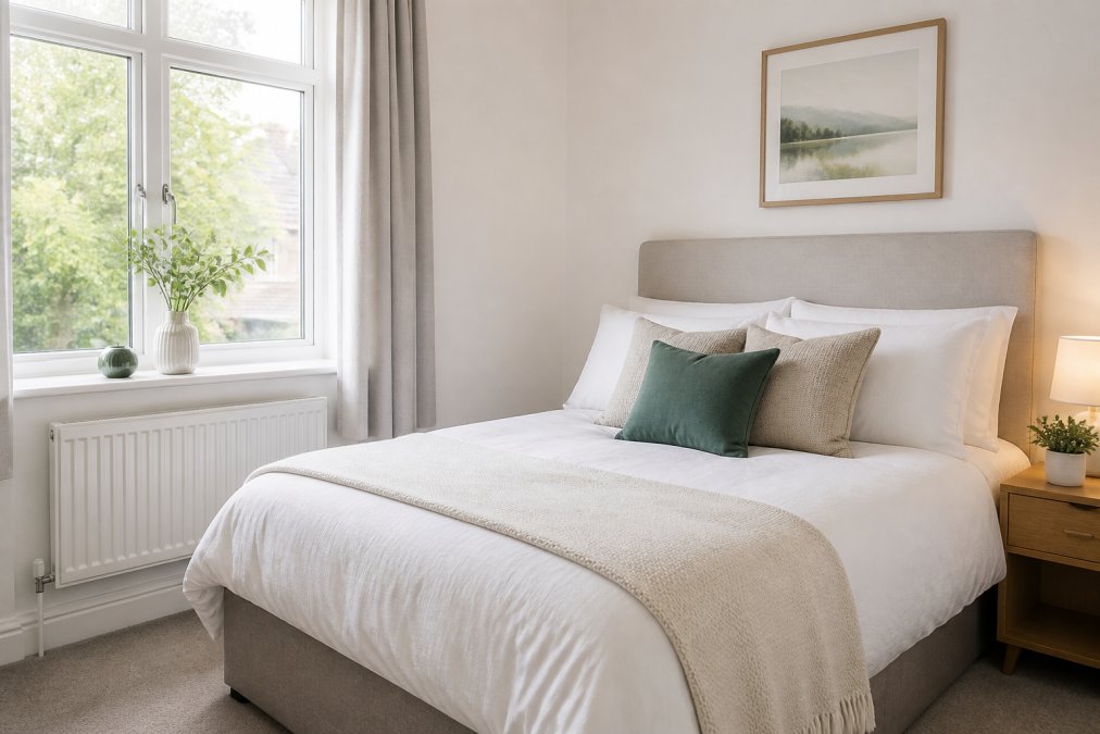 Bright, decluttered bedroom with neatly made bed, fresh white linens, and a few tasteful decorative touches on the nightstand, natural light streaming through a large window