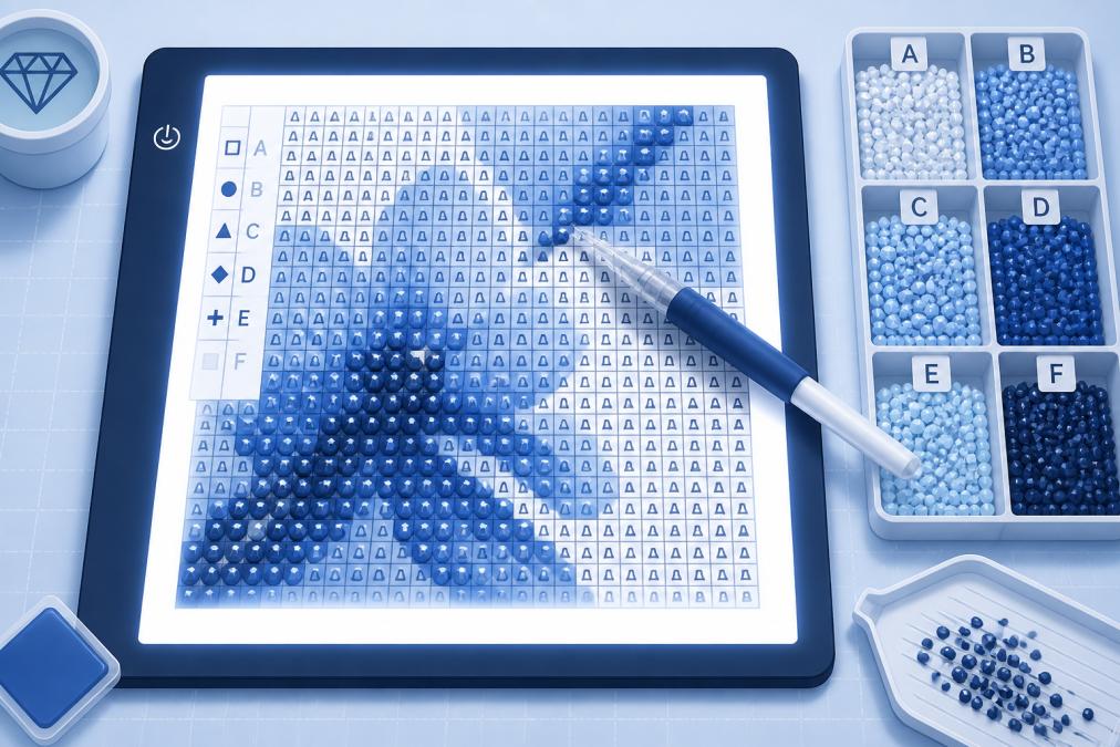 Close-up overhead view of a diamond painting canvas illuminated by an LED light pad, showing clearly visible grid lines and symbols, with a multi-placer pen and organized tray of sorted diamond drills positioned on the work surface