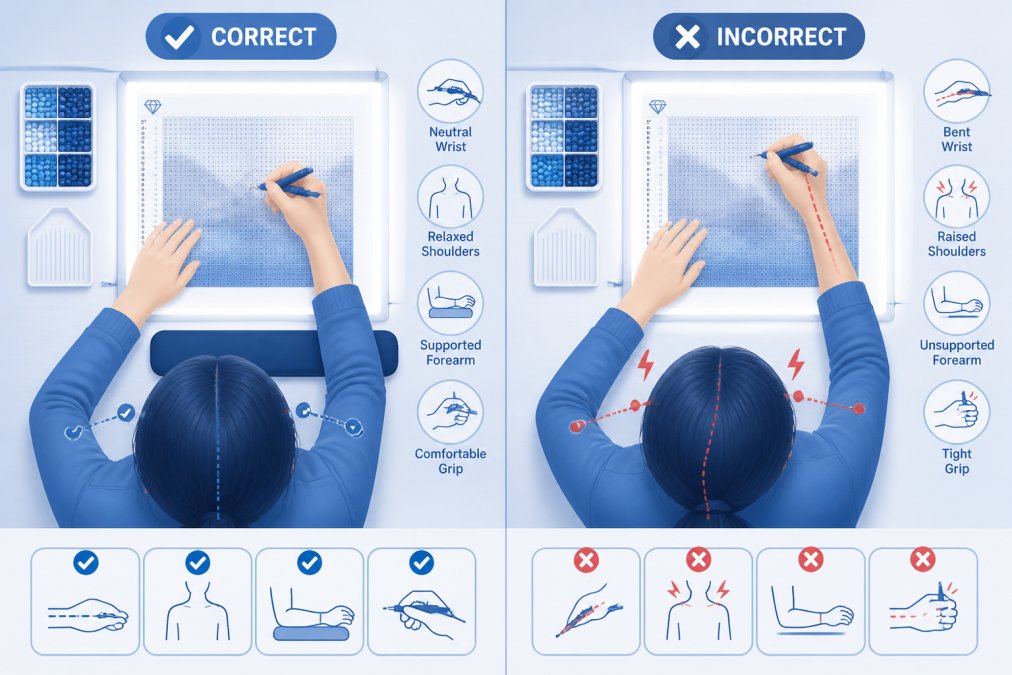 Overhead view of hands demonstrating proper grip on a diamond painting pen with neutral wrist alignment, working over a canvas with a light pad underneath, showing relaxed shoulder position and supported forearm on the work surface
