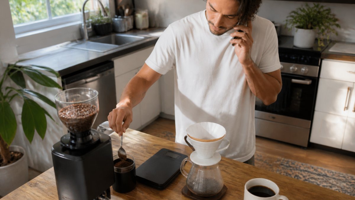 Overhead shot of a home kitchen counter with a burr grinder, a digital scale, a pour-over dripper, and a mug of fresh coffee, warm morning light through a window