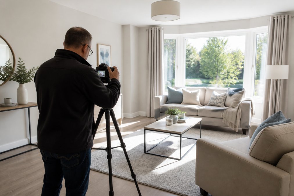 Bright, decluttered rental living room staged to enhance property listings with neutral furniture and natural light