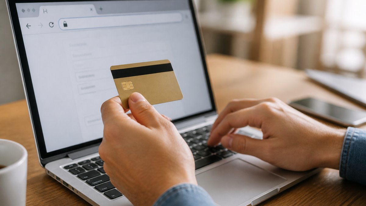 Close-up of hands holding a credit card while entering details on a laptop screen, with a padlock icon visible in the browser address bar, representing secure online payment for hajj booking