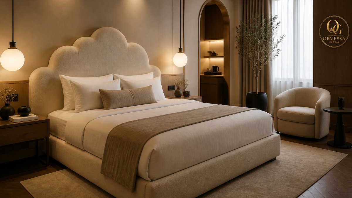 Upholstered bed with ivory headboard and soft pendant lighting in a serene boutique hotel room