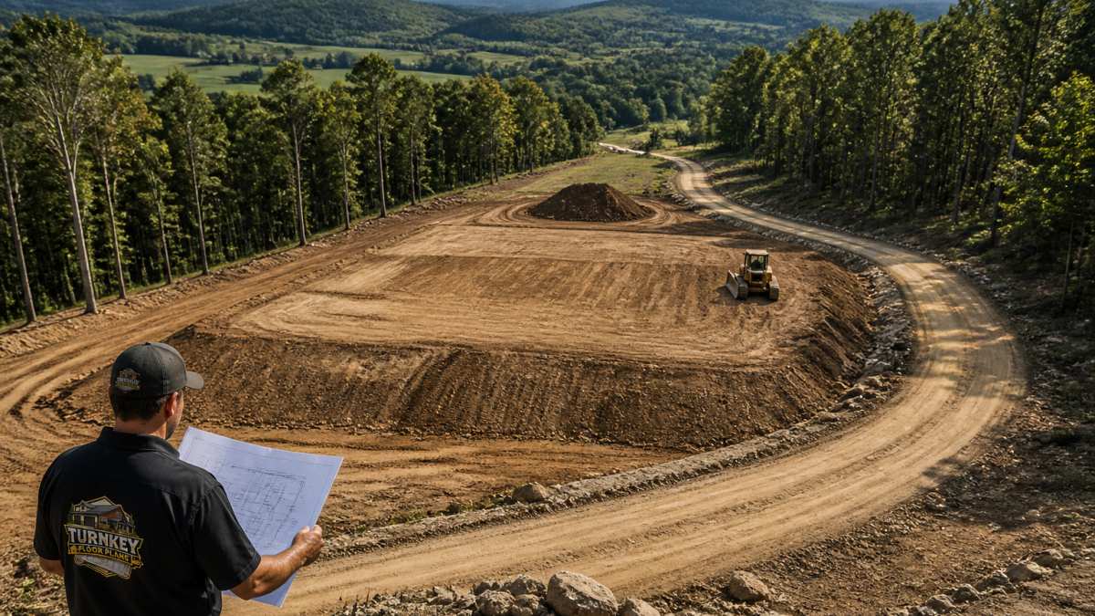 Aerial view of rural land cleared and graded for building a barndominium with mature trees and access road.