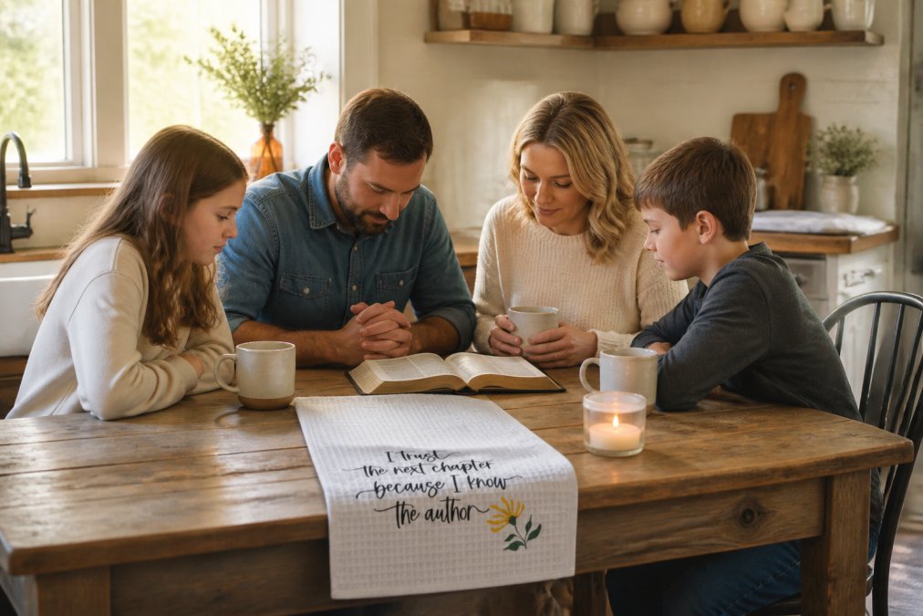 A family gathered around a farmhouse kitchen table for a faith-centered moment