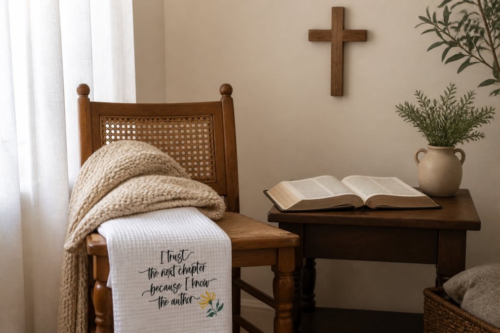 A cozy prayer corner with a wooden chair, open Bible, simple cross, folded blanket, and soft natural light