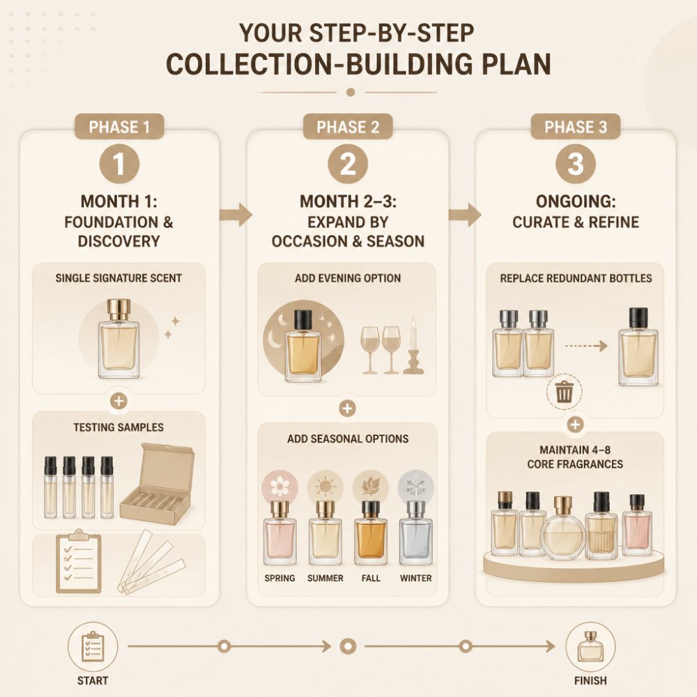 Flowchart showing three-phase progression: Phase 1 "Month 1: Foundation & Discovery" (single signature scent, testing samples), Phase 2 "Month 2-3: Expand by Occasion & Season" (add evening and seasonal options), Phase 3 "Ongoing: Curate & Refine" (replace redundant bottles, maintain 4-8 core fragrances)
