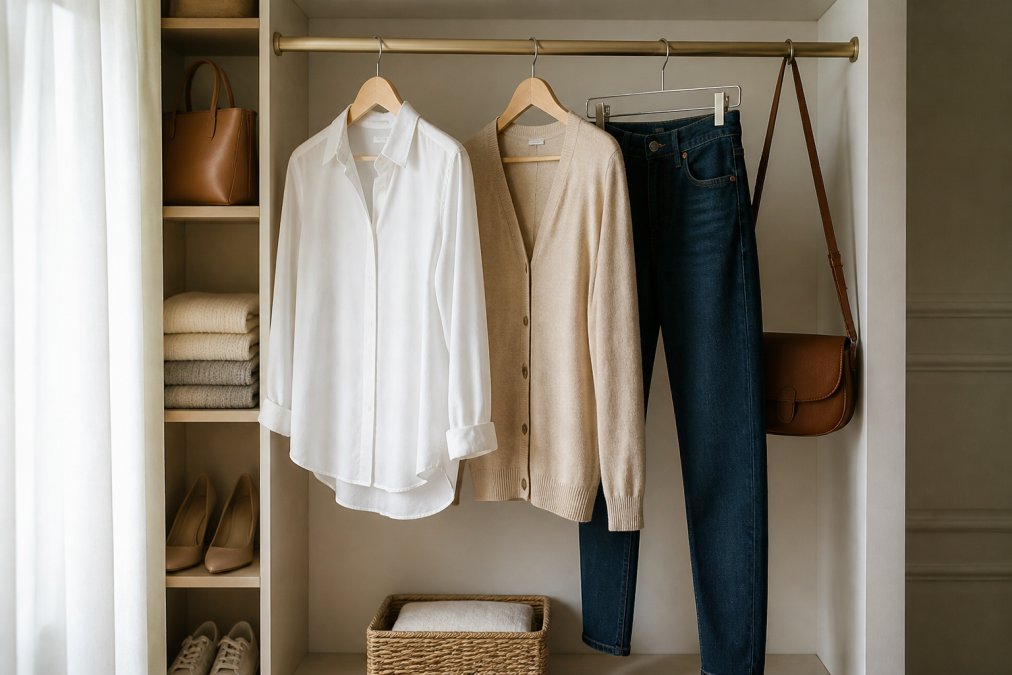 Neatly organized closet rail featuring neutral staples for a versatile wardrobe, including a shirt, cardigan, and jeans.