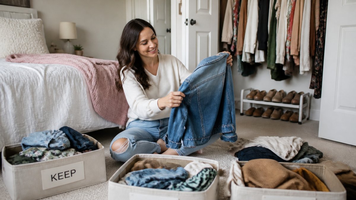 A woman sitting on the floor of a bright bedroom, sorting clothes into keep, donate, and repair piles around an open closet, holding a denim jacket and smiling