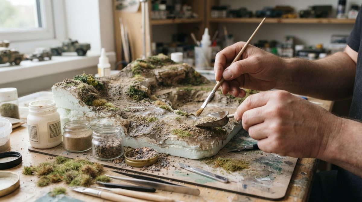 Close-up of hands applying flocking, gravel, and fine sand materials to a diorama base, building up layered terrain texture with a small brush and adhesive