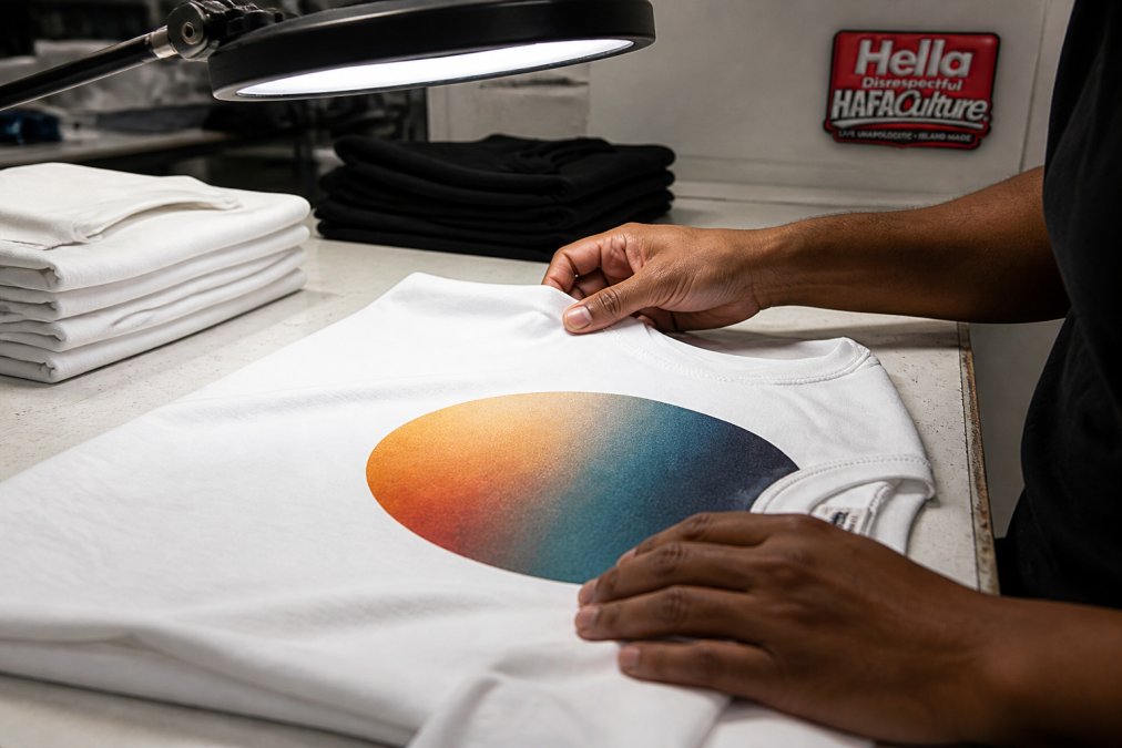 Professional hands inspecting printed t-shirt under bright studio lighting, checking print color vibrancy, ink saturation, and seam quality on a white garment