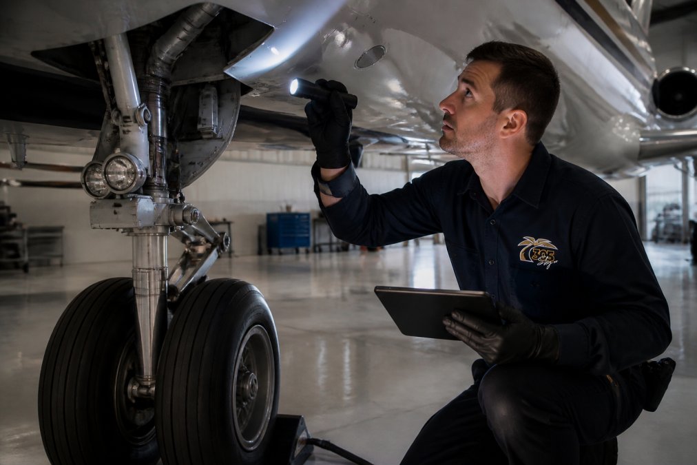 An A&P mechanic in a hangar using a flashlight to inspect the landing gear and underside of a business jet, with a tablet in hand for notes