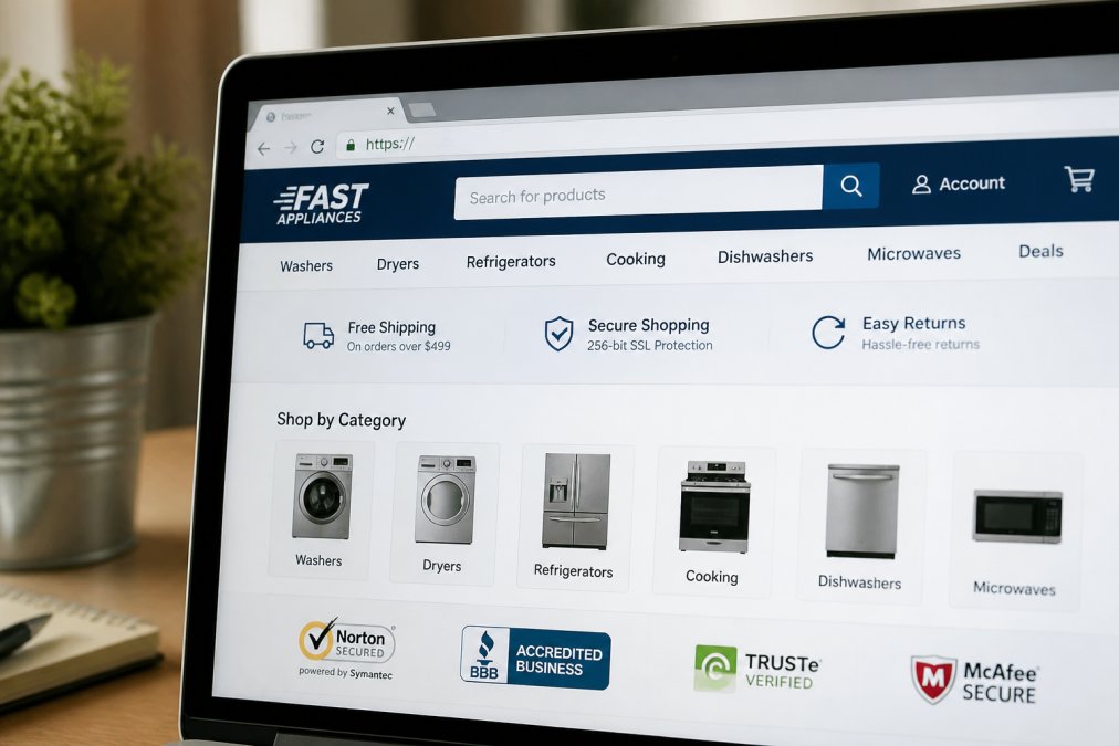Close-up of a computer screen showing a secure website with HTTPS padlock icon visible in the browser address bar, trust badges and security seals displayed prominently on the page