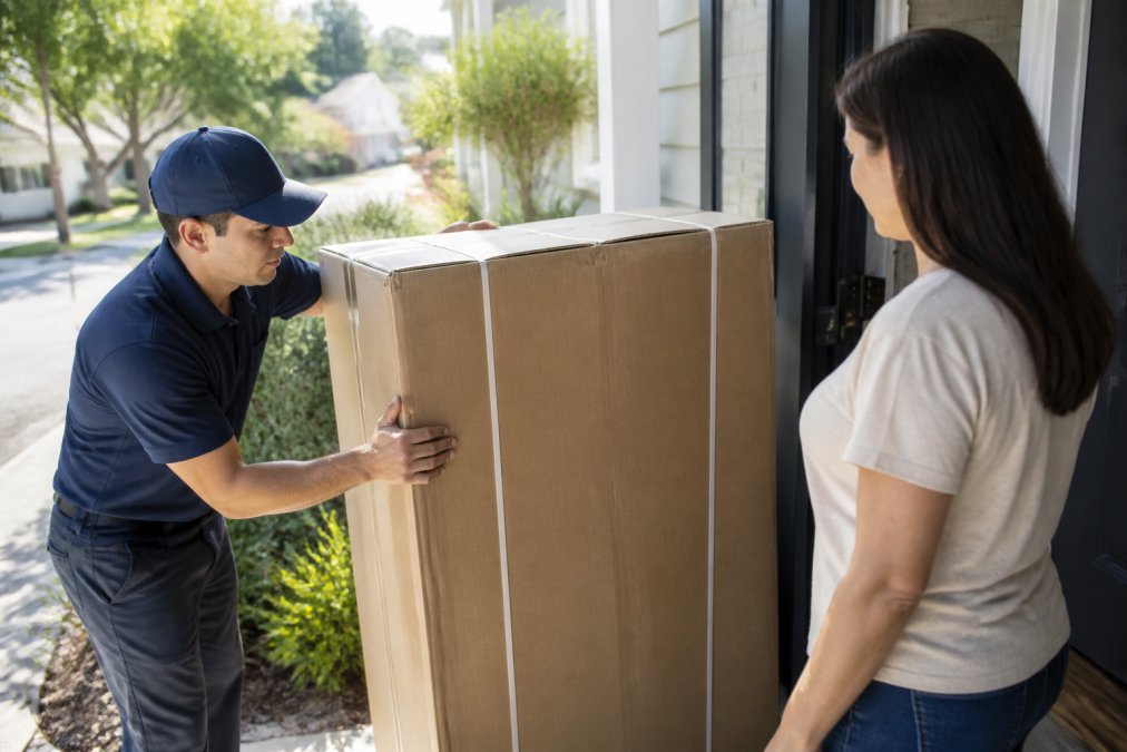 Delivery professional in uniform carefully inspecting a large appliance box for visible damage before handing it over to a homeowner at their front door on a sunny residential street