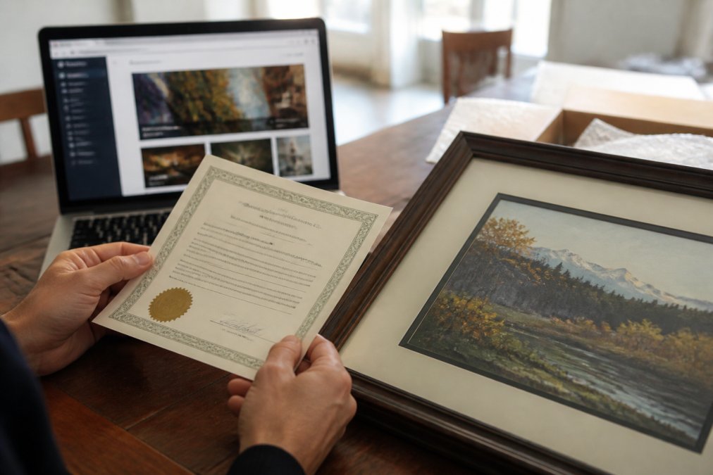 Hands verifying a certificate of authenticity for a painting while buying art online via a verified artist website.