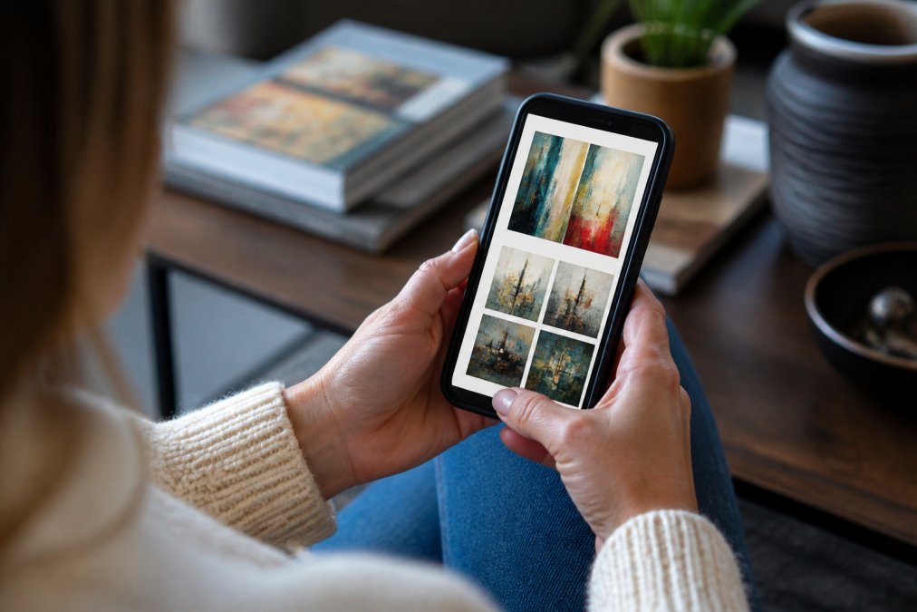 Close-up of hands holding a smartphone displaying an artist's portfolio with verified seller badge visible on a gallery website, natural indoor lighting