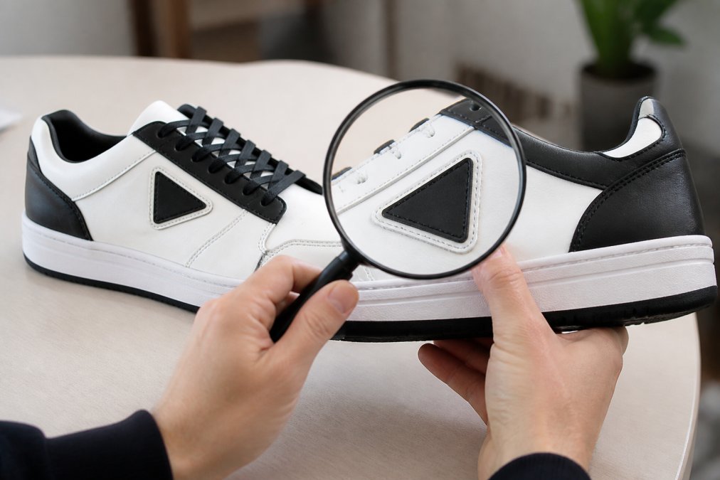 Infographic comparing stitching and logos on authentic designer sneakers versus counterfeit versions.