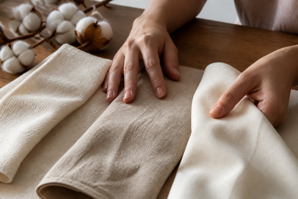 Close-up of hands touching different fabric swatches, cotton, linen, and bamboo viscose, showing texture and weave differences in natural lighting