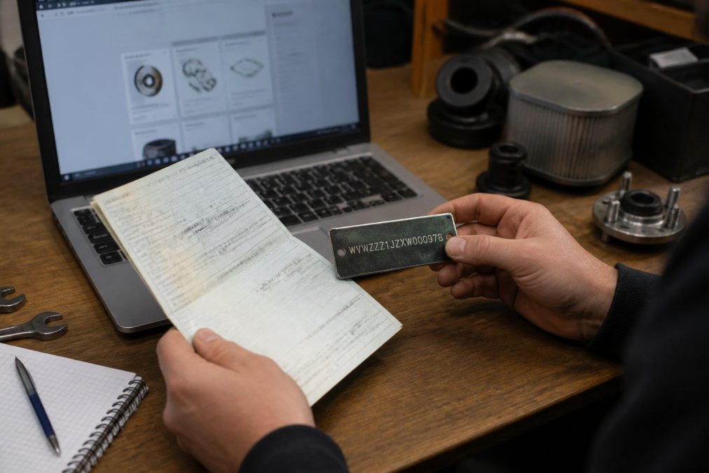 Close-up of a person's hands holding a vehicle's registration papers and VIN plate, with a laptop displaying an online parts search interface in the background