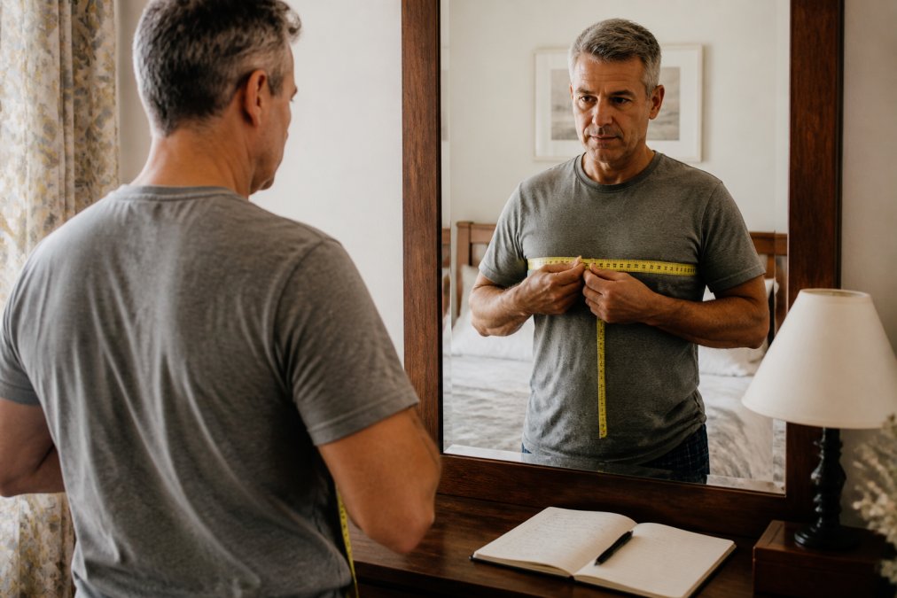 A man in his fifties holding a soft measuring tape around his chest in front of a bedroom mirror, a notebook with handwritten measurements on the dresser beside him