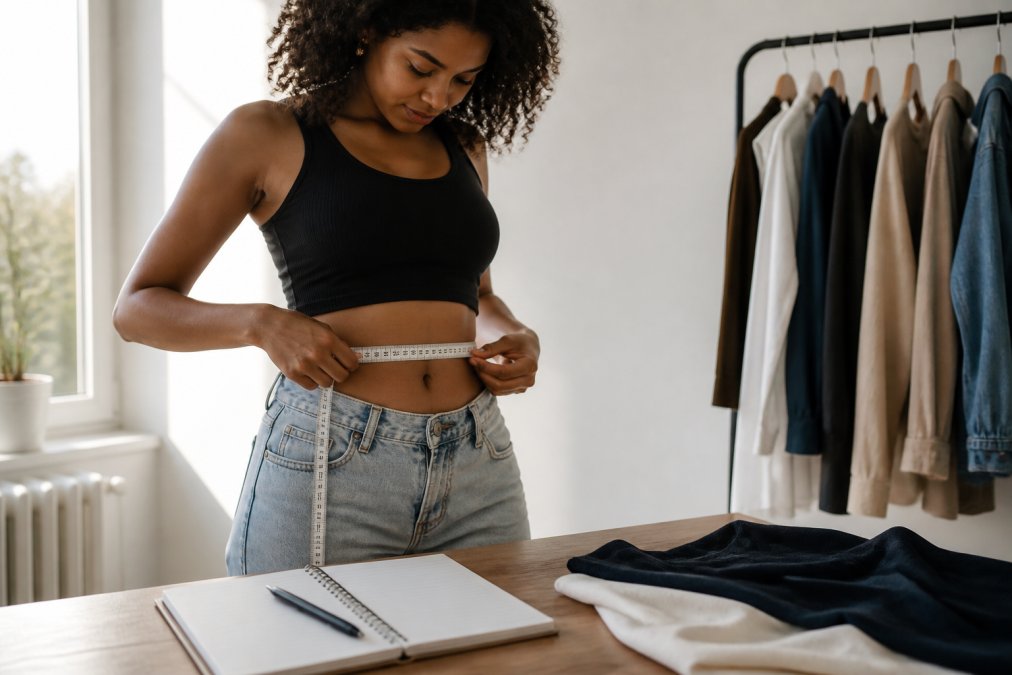 A woman standing in natural light holding a soft measurement tape around her waist, with a notebook and pen on a nearby table showing written measurements
