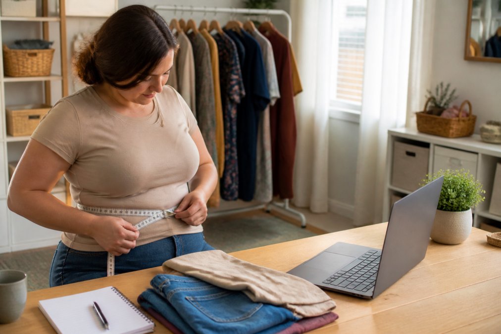 Infographic showing how to use a measuring tape for buying clothing online by checking accurate size charts.
