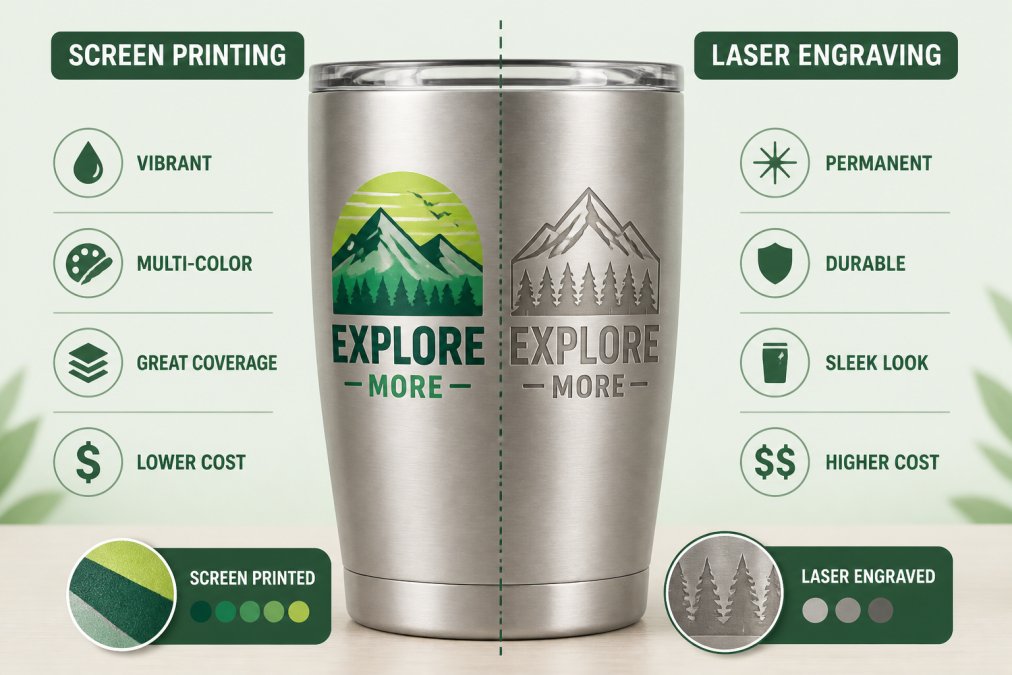 Close-up of a stainless steel tumbler displaying a vibrant multi-color screen-printed logo on one side and a crisp laser-engraved design on the opposite side, showing the distinct visual difference between the two customization techniques in natural lighting