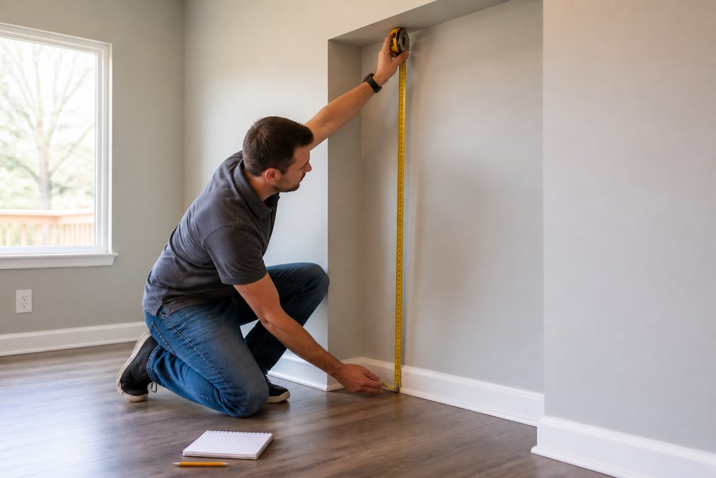 Professional illustration showing homeowner and kneeling and measuring concepts for custom furniture
