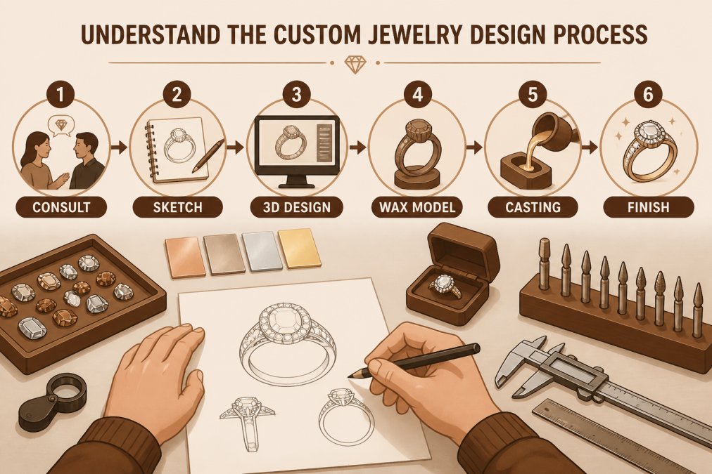 Jeweler sketching custom jewelry design at a workspace with gemstones, metal samples, and design tools visible, showing the hands-on consultation and design process