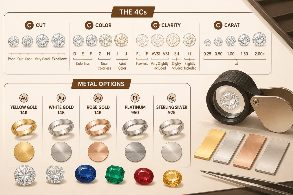 Close-up of various gemstones, precious metal samples, and a jeweler's loupe on a workspace, showing the assessment of stone quality and metal options