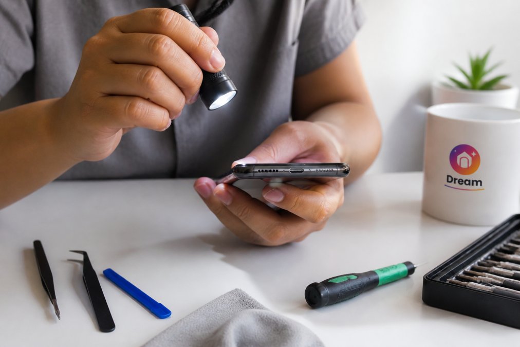 Hands inspecting the screen and charging port of a refurbished smartphone on a bright desk