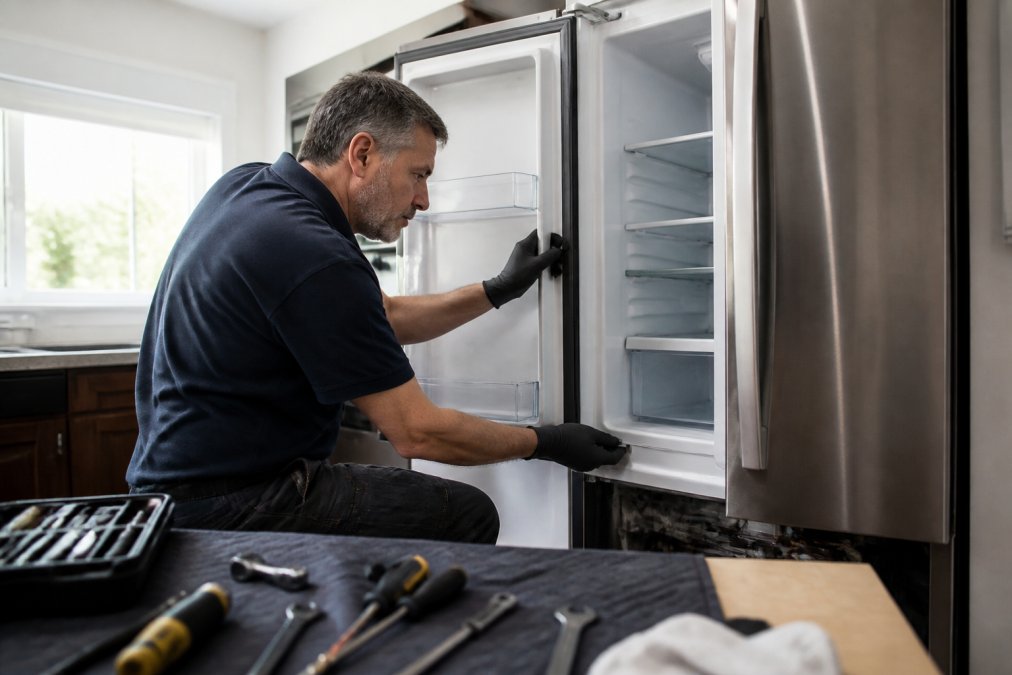 Technician inspecting the door seals and interior of discounted home appliances in a bright, modern kitchen