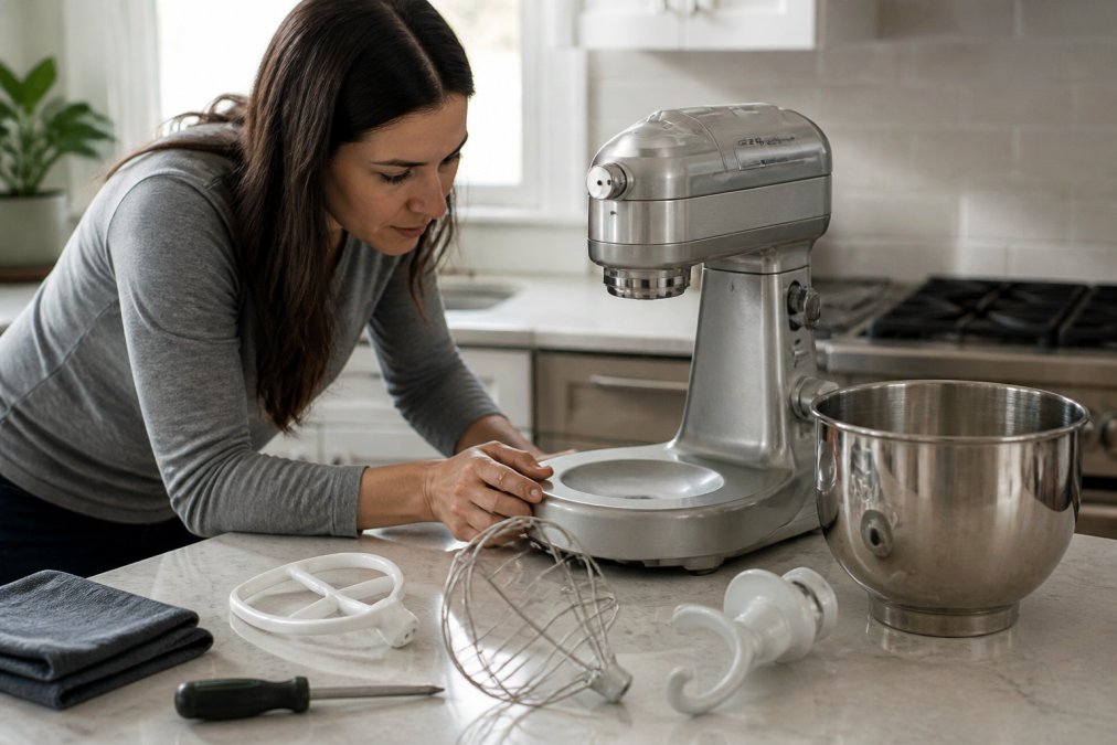 Person inspecting a stainless steel stand mixer to evaluate the condition of discounted kitchen gadgets