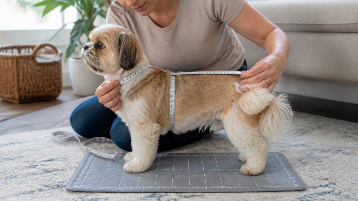Small dog standing on a measuring mat while owner uses soft measuring tape to measure neck girth, chest girth, and back length, showing proper measurement technique with natural home lighting