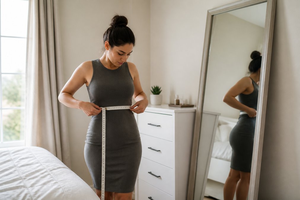 A woman in her late 20s standing in front of a full-length mirror in a bright bedroom, holding a soft measuring tape around her waist, wearing a simple fitted dress, natural daylight coming through a window