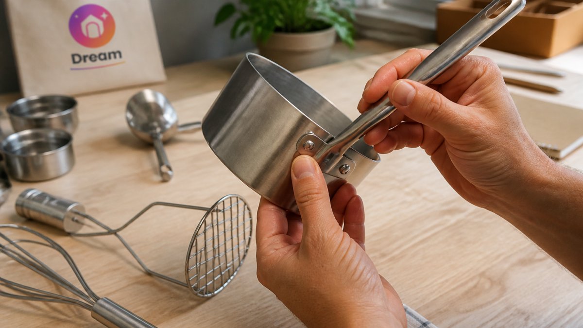 Close-up of hands carefully inspecting the joints and seams of a stainless steel kitchen utensil, examining the handle attachment and smooth finish under natural light