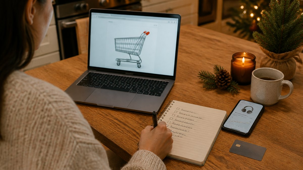 A person sitting at a kitchen table with a laptop open to a shopping cart, a notepad with a handwritten checklist, a smartphone showing a price-tracking app, and a credit card set aside, warm evening light