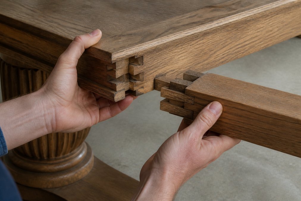 Close-up of hands examining wooden furniture frame joints, showing traditional dovetail and mortise and tenon construction details in natural workshop lighting