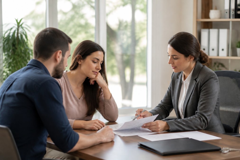 First-time homeowner meeting with insurance agent at a desk, reviewing policy documents and discussing coverage options in a professional office setting with natural light from windows