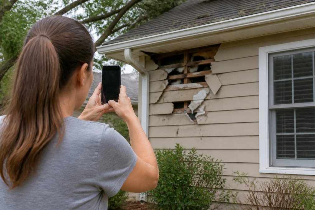 Homeowner taking photos of home damage with smartphone, documenting property loss for insurance claim purposes in natural daylight