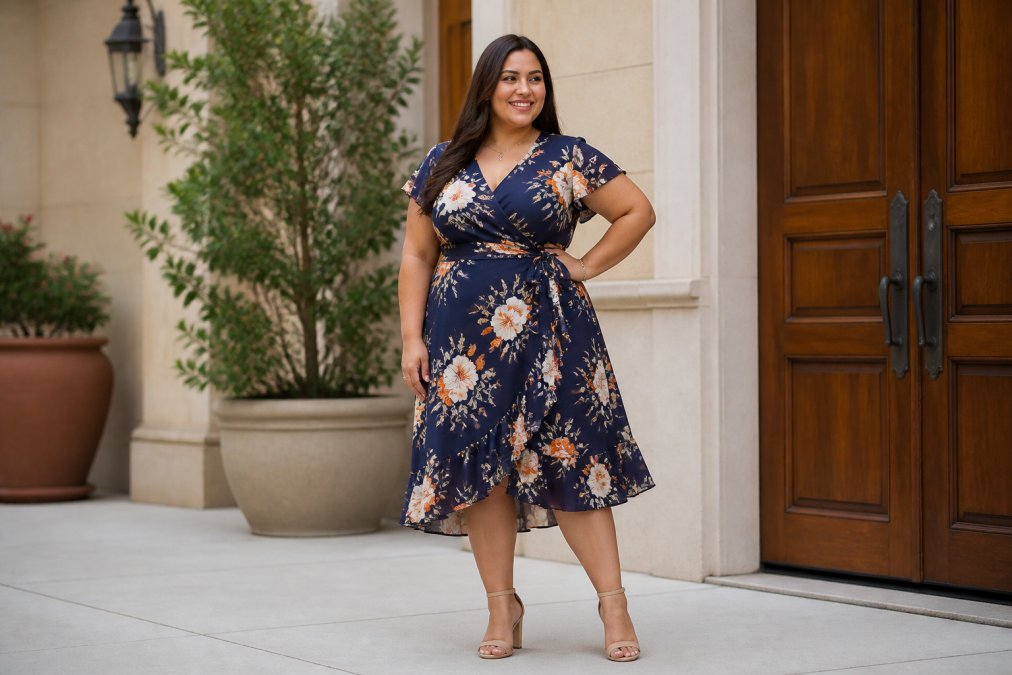 Feature overview showing Woman wearing a wrap dress with defined waist and fit-and-flare silhouette, standing confidently ...