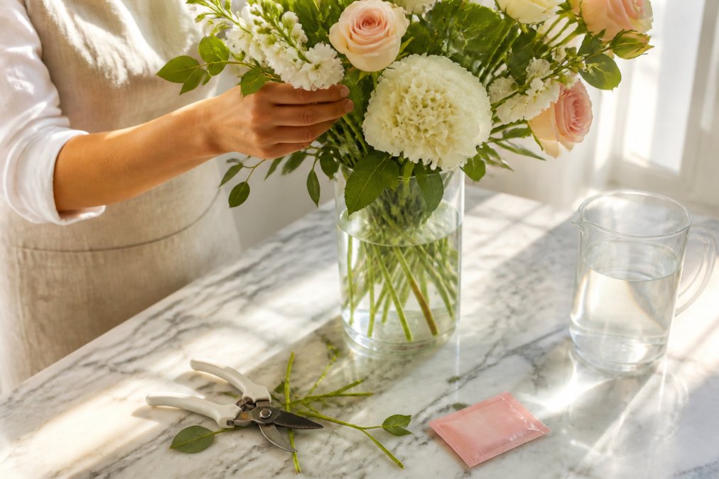 Hands arranging fresh flowers in a vase to ensure the best results after buying flowers online safely.