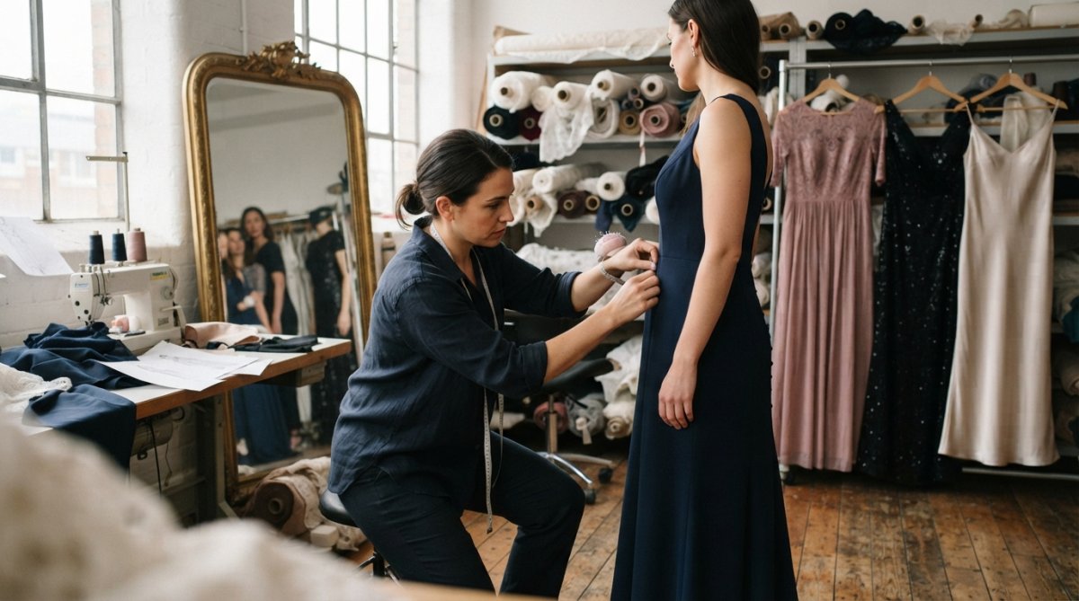 Mujer probándose un vestido de noche formal en un probador, examinando la silueta y el escote en un espejo de cuerpo entero con iluminación suave
