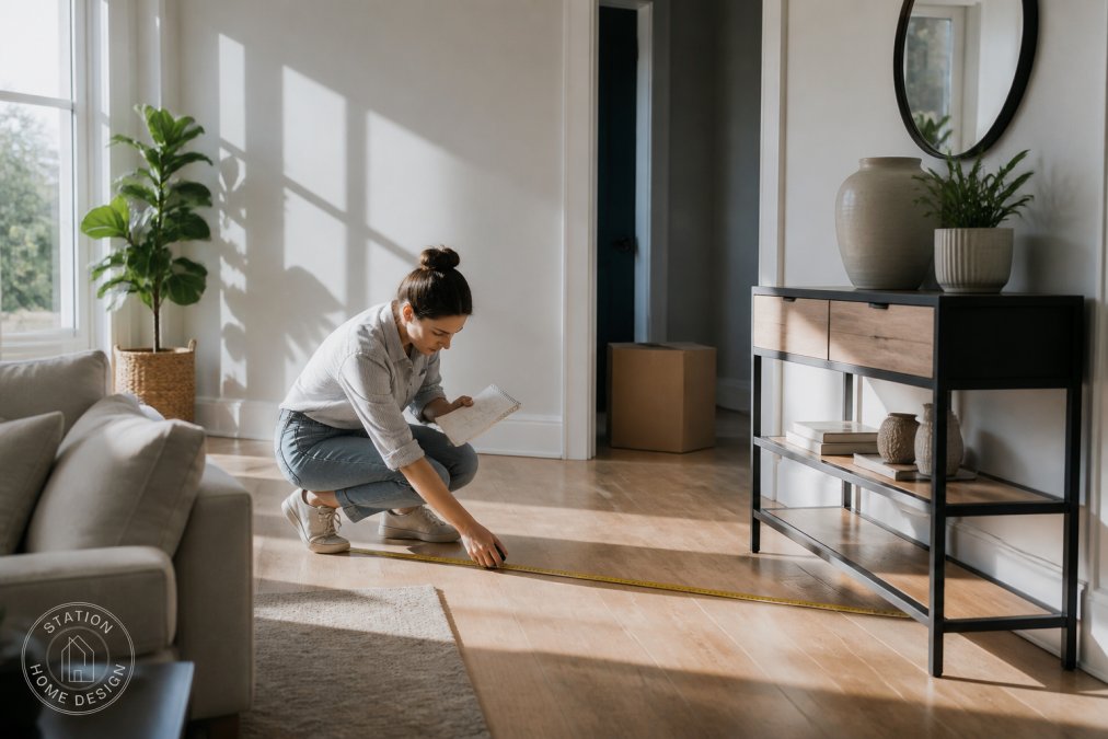 Homeowner measuring a living room with a tape measure, holding a notebook with dimensions, natural light streaming through windows