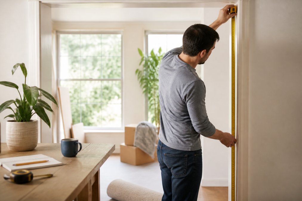 Person holding a tape measure against a doorway frame, carefully measuring the width and height before ordering furniture online, with natural daylight streaming through