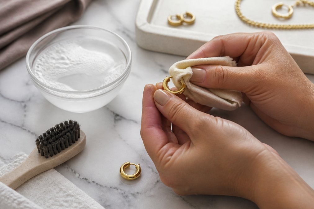 Close-up of hands gently polishing a gold plated huggie hoop earring with a soft cloth on a marble countertop, with a small bowl of mild soapy water and a soft-bristle brush nearby