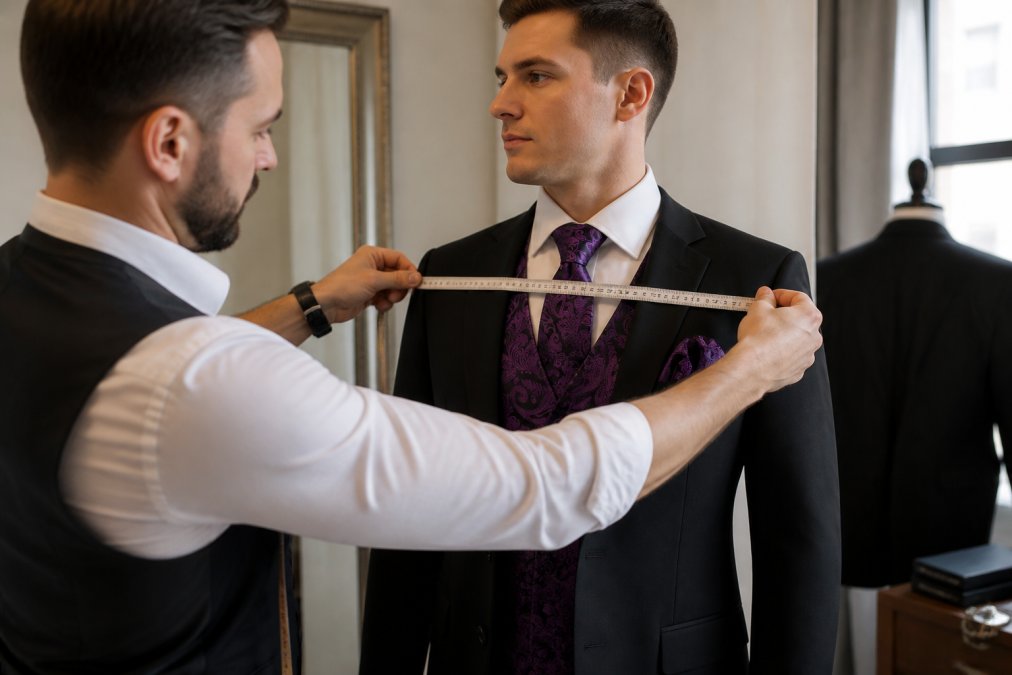 Professional tailor measuring a man's chest and shoulders for a suit jacket in a bright fitting room, using a cloth tape measure held taut against the torso and back