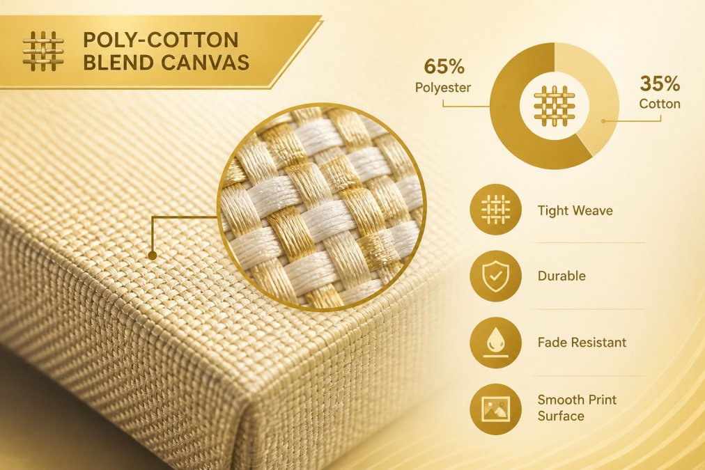 Close-up of canvas fabric weave showing poly-cotton blend texture with natural lighting highlighting the surface detail and thread structure
