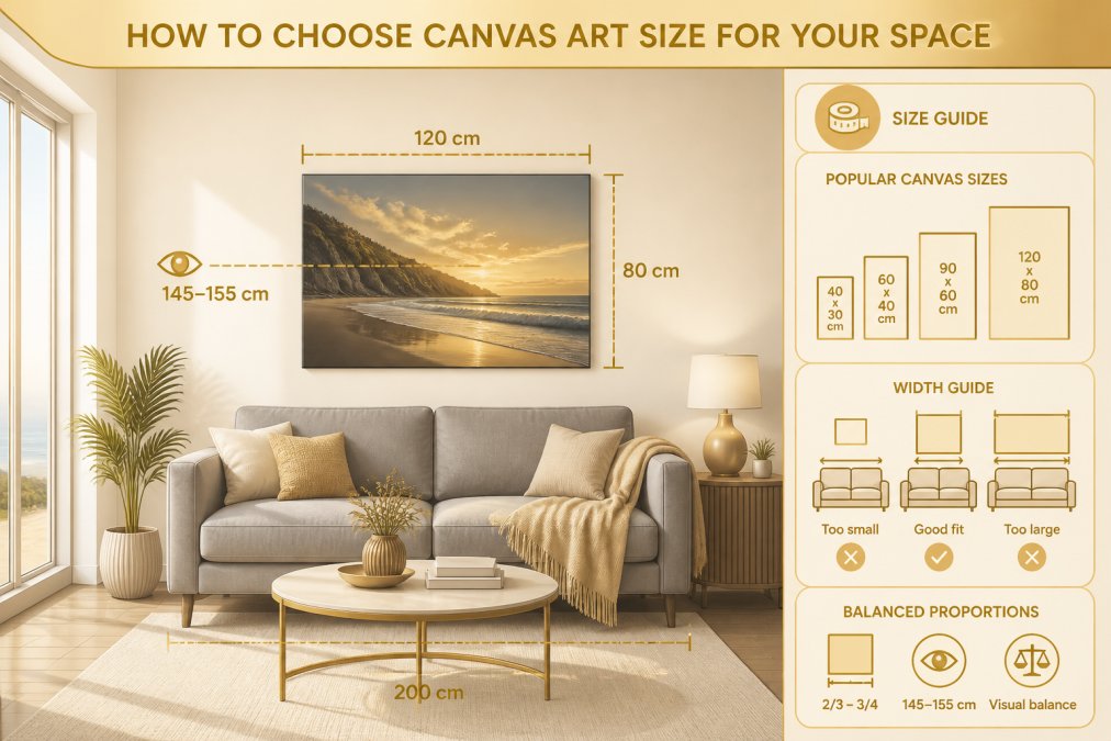 Modern living room with a coastal canvas print hung at eye level above a grey sofa, showing proper proportions and visual balance with natural light from windows